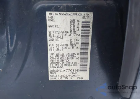 2019 Nissan Frontier Sv z USA, uszkodzony, nr VIN 1N6AD0FV1KN770898